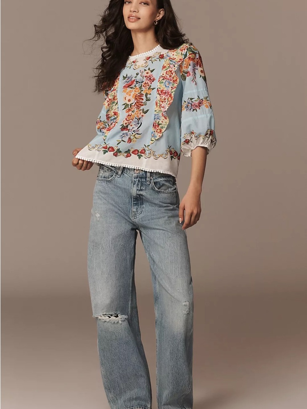 FARM Rio x Anthropologie Blue Floral Printed Lace Trimmed Blouse Size XS NWT - Picture 3 of 7